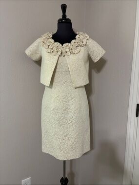 Jessica Howard Cream and Gold Brocade Dress with Decorative Collar